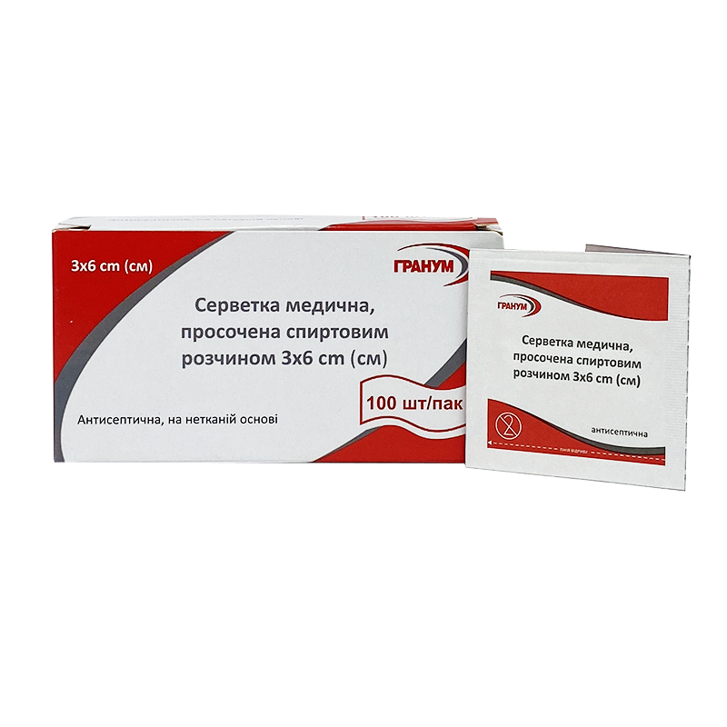 Серветка медична, просочена спиртовим розчином 3x6 см, 100 шт/пак